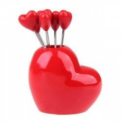 Cute Plastic Love Heart Stainless Steel Fruit Fork Set Novelty Gift - Red