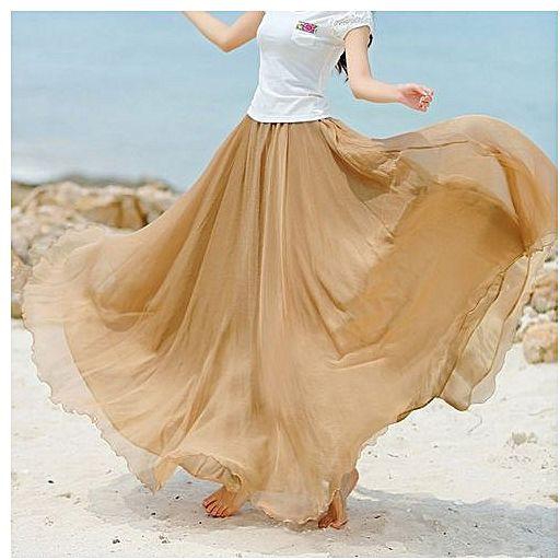 Fashion Summer Women Long Skirt Chiffon Beach Bohemian High Waist Casual Pleated Skirts Khaki