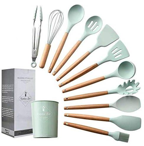 AKDSteel Cooking Utensils Set 11Pcs Silicone Kitchen Utensils Set Green Kitchen Utensils Set with Wooden Handle Heat Resistant Non-Stick Cookware for Home or Picnic