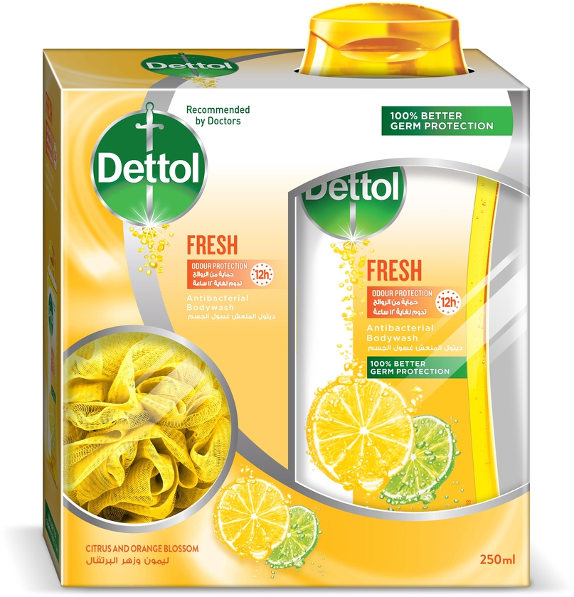 Dettol, Shower Gel, Antiseptic Fresh with Lemon and Orange Blossom 250 Ml + Loofa - 1 Kit