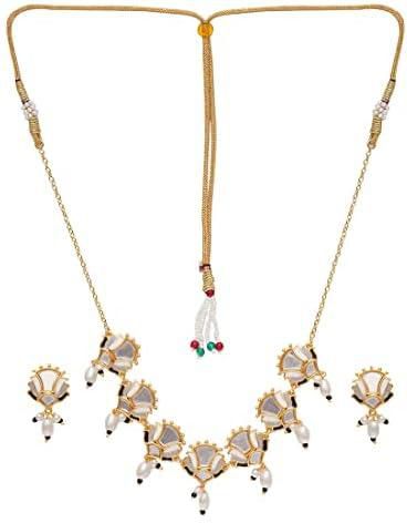 VOYLLA Festive Hues Floral Mirror Work and Faux Pearls Brass Silver Plated Jewellery Set, Onesize, Brass, No Gemstone