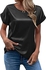 ROV D'Clothier Black Roll Up Short Sleeve Round Neck Top Satin Silk Women Blouse Shirt
