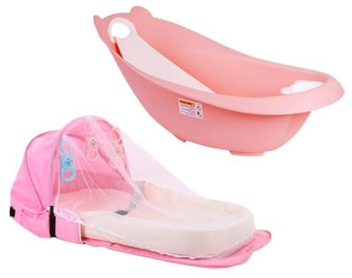 Baby Mosquito Bed with Smart Sling 3-Stage Bath Tub-Pink