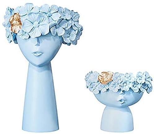 BB&UU Hand-Carved Sculpture Vase Face Decorative Vases, Resin Vases for Flowers, Premium Vase Floral Arrangement for Living Room Desk Decoration-Blue Set for Women and Children of 2