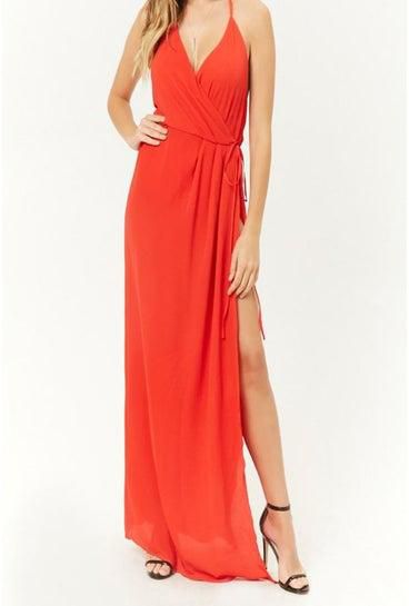 فستان طويل بحمالة حول العنق ذاتية الربط أحمر