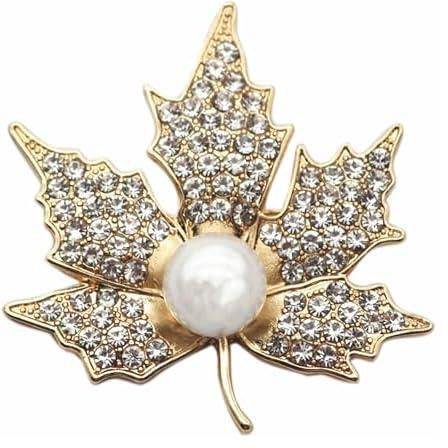 Gyn&Joy Golden Tone Clear Crystal Rhinestones Faux Pearl Maple Leaf Fashion Pin Brooch
