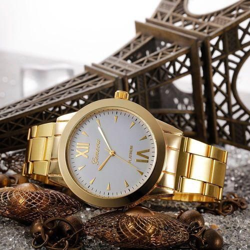 Geneva Fashion Man Women Crystal Stainless Steel Analog Quartz Wrist Watch-White