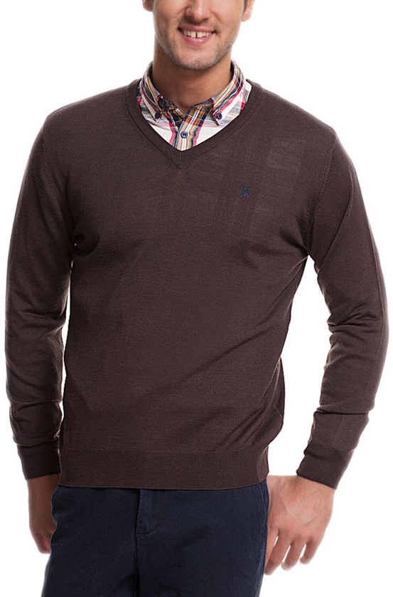 U.S. Polo Assn. Brown Cotton V Neck Pullover Top For Men