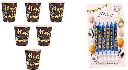 مجموعة أكواب ورقية مكونة من 10 قطع - متعددة الألوان + شمعة عيد ميلاد صغيرة مع حامل مزينة برسومات تاج، مجموعة من 6 قطع لحفلات أعياد الميلاد - أزرق وذهبي
