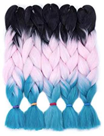 5-Piece Twisted Braided Human Hair Extension Black/Pink/Blue 24inch