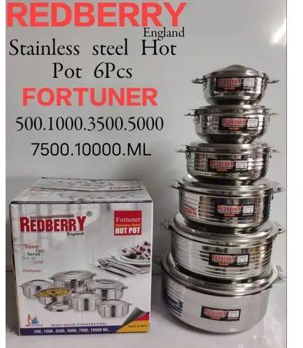 Redberry Classic Deluxe Stainless Steel 6Pc Hotpot Set Capacity 1L/1.5L/3.5L/5L/7.5L/10LKeeps food hot and fresh up to 12-24 Hours Double wall strong and insulated. Ideal even for 