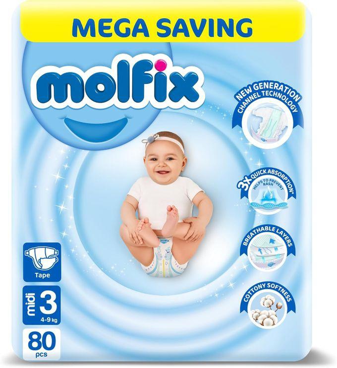 Molfix حفاضات اطفال ميجا مع تقنية 3D فريدة، مقاس 3 وسط - 80 حفاضة
