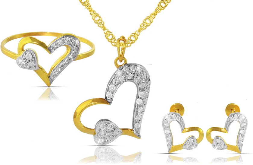 Vera Perla 18K Solid Yellow Gold 0.64Ct Genuine Diamonds Big Heart Holds Small Heart Necklace, Earrings and Ring Set