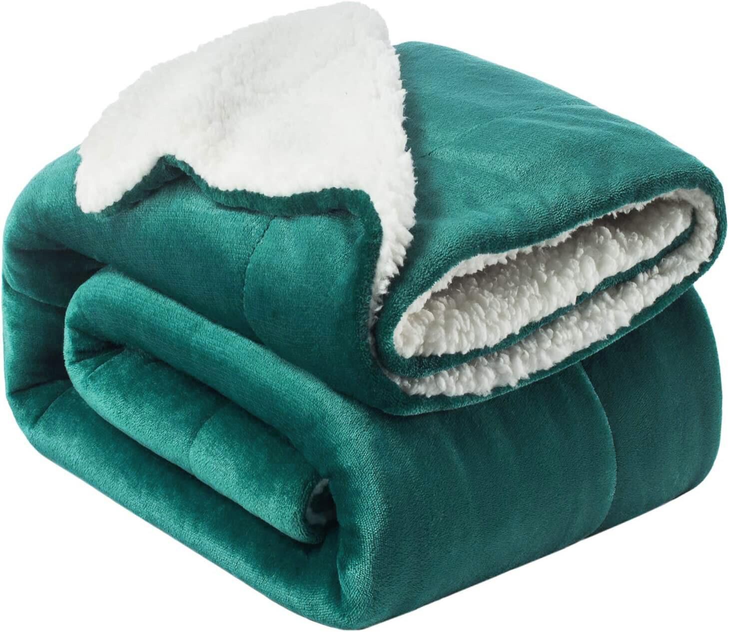 Fabienne Sherpa Blanket Single Size Twin Plush Throw Bed Blanket, 160X220cm, Flannel Fleece Reversible Lamb Blanket, Green