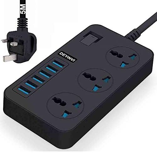 DEYINVI Universal Extension Lead Power Strips, 6 USB Wall Plug Adapter, 3 Way Cable Surge Protector, Fuse and Shutter USB Hub Socket 5m Electrical Power Accessories Extension Cord (Black,5m)
