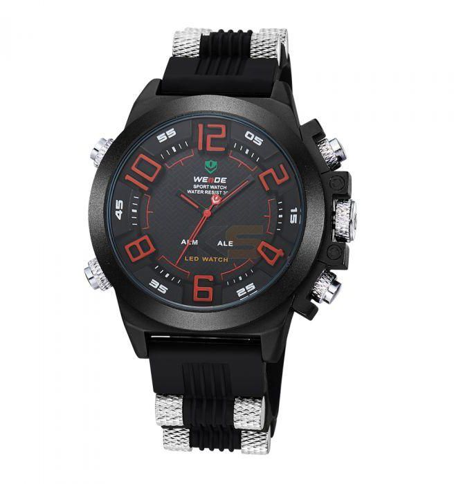 Weide 5202 Man Sports Quartz Watch Double Movts Analog Digital LED Watch PU Band Red