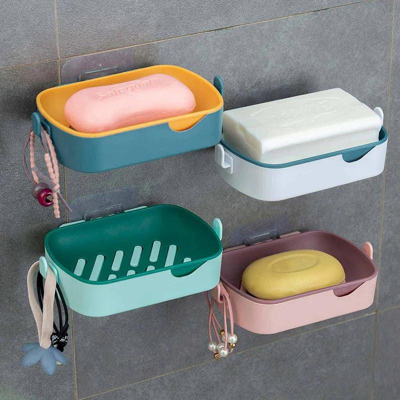 1PC Wall-Mounted Soap Box With Hooks Soap Dish with Drain Soap Holder Easy Cleaning Soap Saver Dry Stop Mushy Soap Tray for Shower Bathroom Kitchen Drain Rack