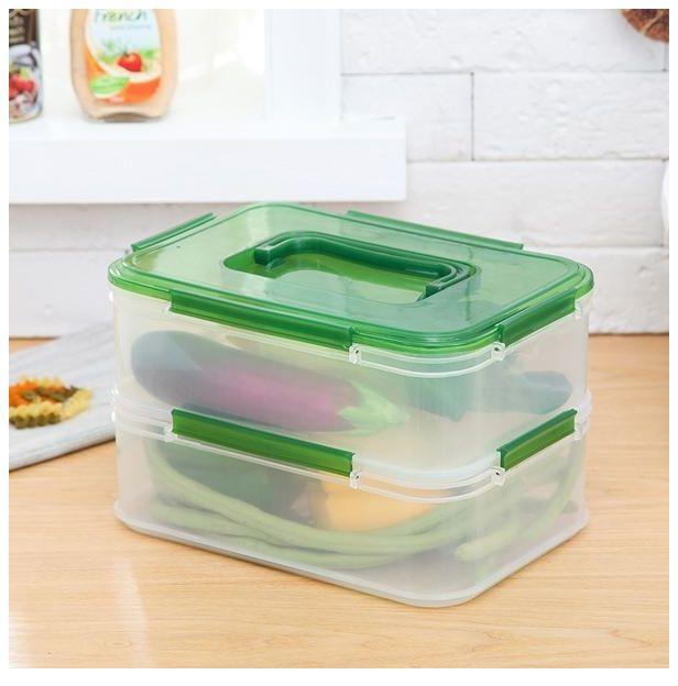 Generic Refrigerator Crisper Double Layered Food Storage Box Portable Rectangular Storage Box # Green