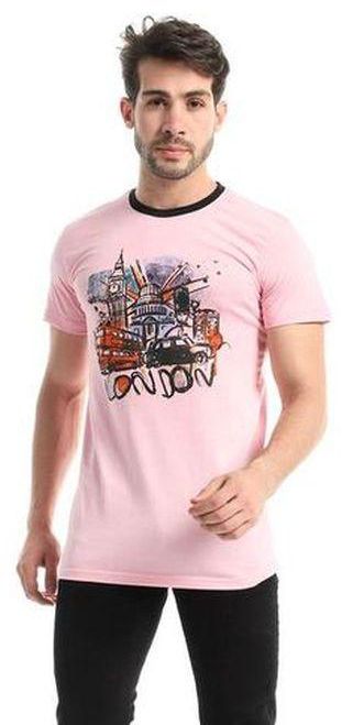 Andora Printed Round Neck Cotton T-Shirt - Pink