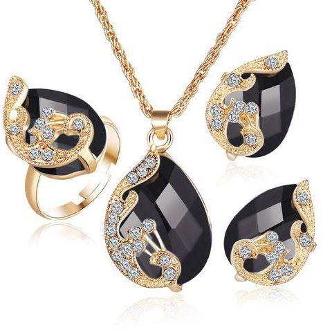 Fashion Black Crystal Necklace+Ring+Earrings Jewelry Set