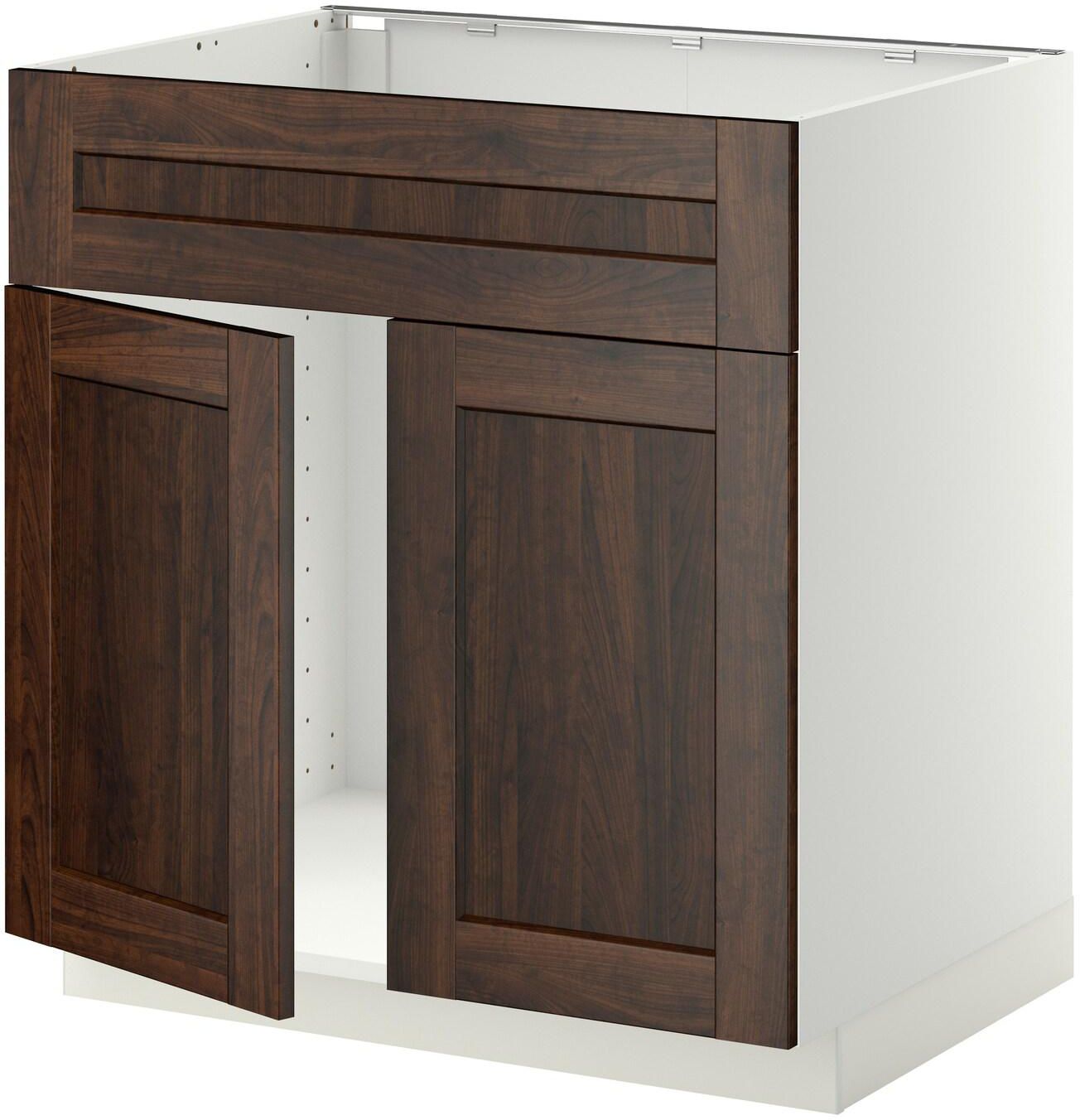 METOD Base cabinet f sink w 2 doors/front, white, Edserum brown, 80x60 cm