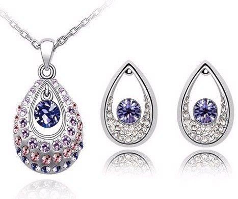 Fashion Trendy Austria Full Rhinestone Crystal Drop necklace Earrings Jewelry Set - Purple