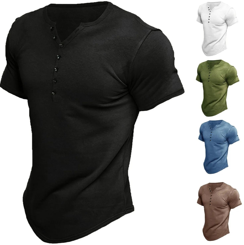 Summer New European And American Men's Henley Shirt Short-Sleeved Male Solid Colour T-Shirt Top