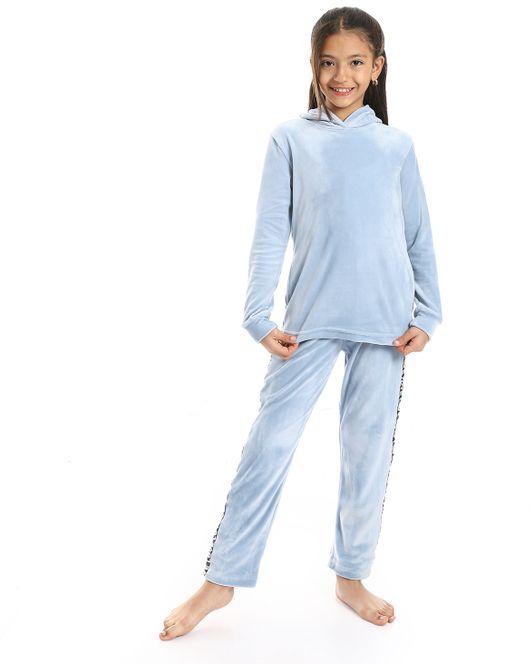 Andora Slip On Hooded Velvet Girls Pajama Set - Light Blue