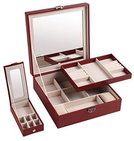 CASEGRACE Jewelry Organizer Box Two Layer Display Storage Holder Case with Mirror Lock PU Leather Jewelry Box for Necklace Earrings Bracelets Rings Watches