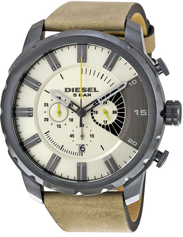 Diesel Men's Stronghold Taupe Blue Ion-plated Beige Dial Brown Leather Chronograph