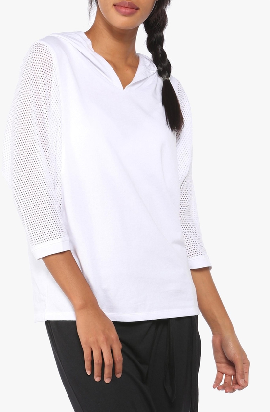 White Active Net Sleeve Hooded Top