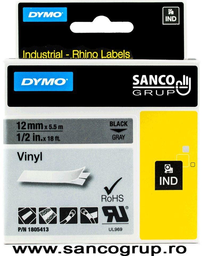 Dymo Rhino Vinyl Label Tape 12mm Black on Grey