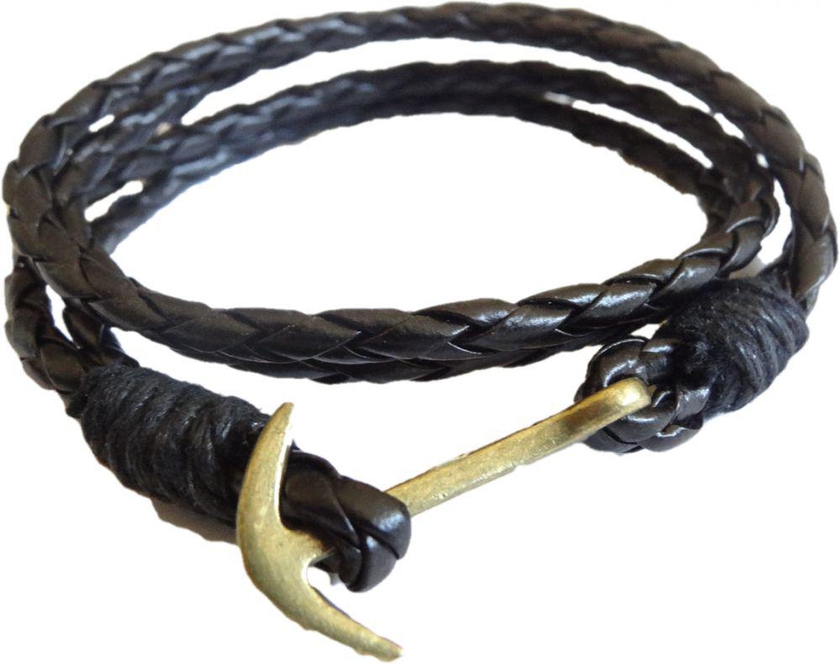 Bracelet black leather closed lock in the form of a metal anchor color bronze Item No 705 - 1