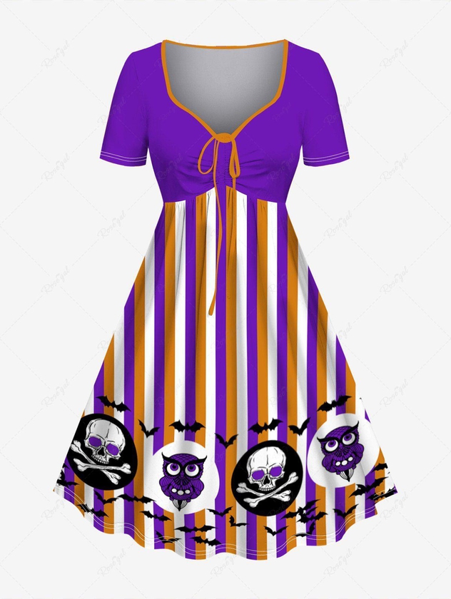 Plus Size Halloween Costume Colorblock Stripe Bat Skull Devil Print Cinched Dress - 6x