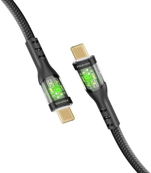 Promate TRANSLINE-CC 60W Power Delivery Ultra-Fast USB-C Transparent Cable With LED, 1.2m, Black, 1YR WRTY