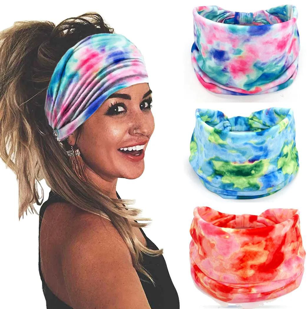 Europe And The United States New Ladies Tie-dye Print Headband Yoga Breathable Stretch Sports Fitness Wide Side Hair Band Sweat Absorption Hair Accessories