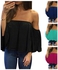 Lady Off Shoulder Long Sleeve Solid Colour Loose Chiffon Top T-shirt Blouse Dark Blue