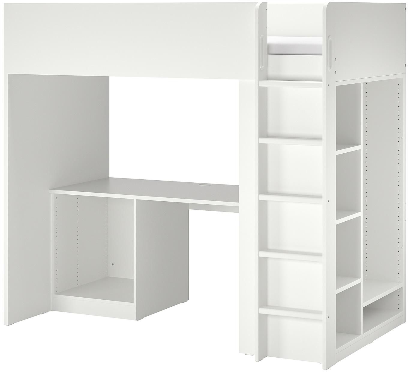 SMÅSTAD هيكل سرير عالي مع مكتب وتخزين - أبيض ‎90x200 سم‏