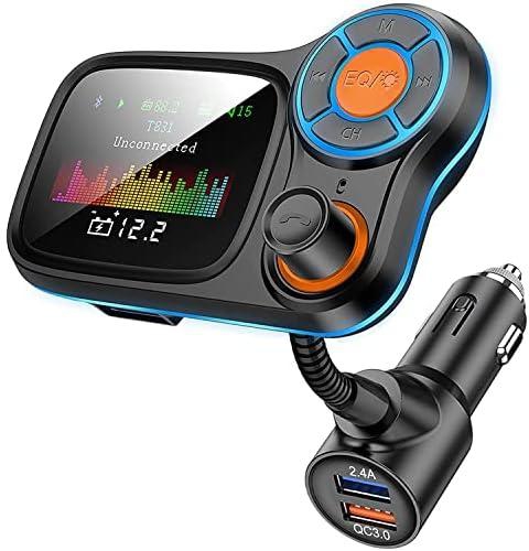 Car Bluetooth, FM Transmitter, for Car Bluetooth 5.0, Digital Bluetooth Car Radio Adapter, Wireless Hands-Free Car Kit, Color Screen and Double QC3.0/2.4A USB Charging Ports