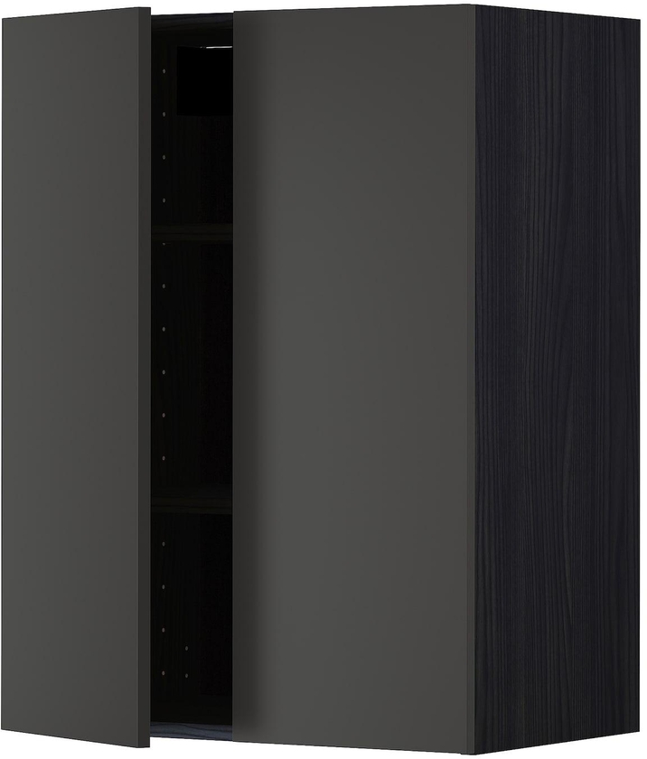 METOD Wall cabinet with shelves/2 doors - black/Nickebo matt anthracite 60x80 cm