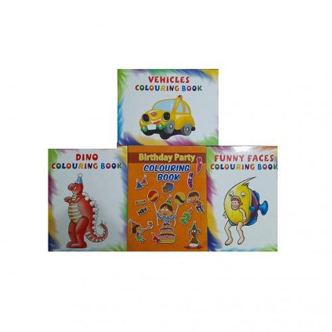 set of 4 colouring books(Dino/ funny faces/ vehicles/ birthday party)