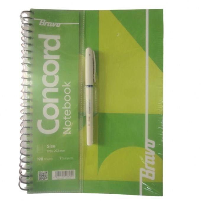 Sasco Concord A4 Spiral Notebook With Pen - 7 Subjects - 198 Sheets - Green Cover