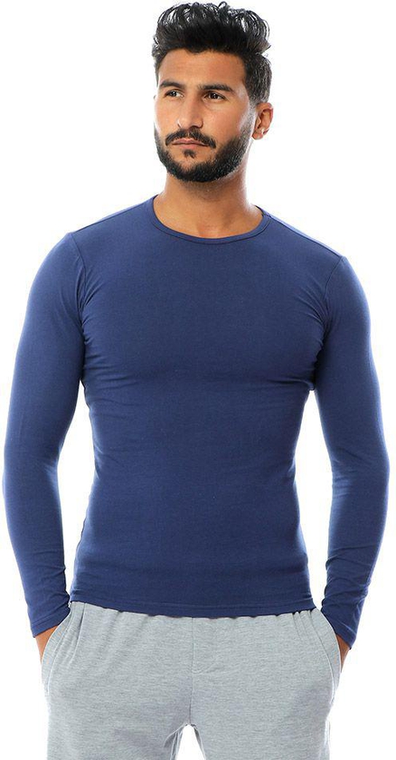 Round-Neck Long-Sleeve Solid Undershirt for Men - Navy