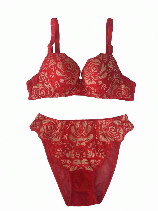Red with Lace Rose Design Lingerie Set