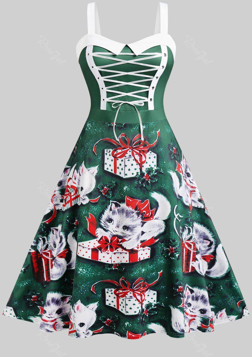 Plus Size Lace Up Gift Cat Print Christmas Dress - 2x