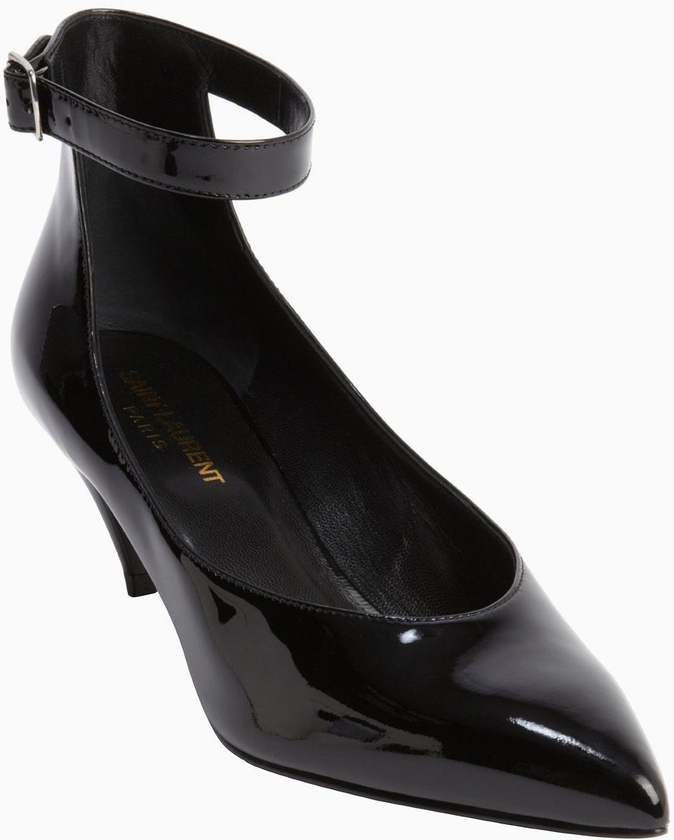 saint laurent - black patent leather pointed toe anklestrap kitten pumps