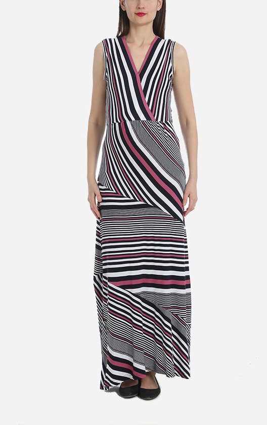 Angelique Maternity Open Back Striped Dress - Navy Blue, White & Cranation Pink