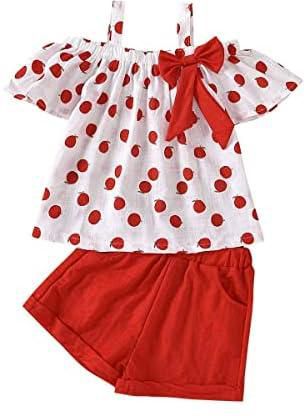 Toddler Baby Girls Clothes Ruffle Cami Polka Dot Tank Tops Blouse Striped Shorts Pants Kids Summer Outfit Set(Red-Apple, 18-24M)