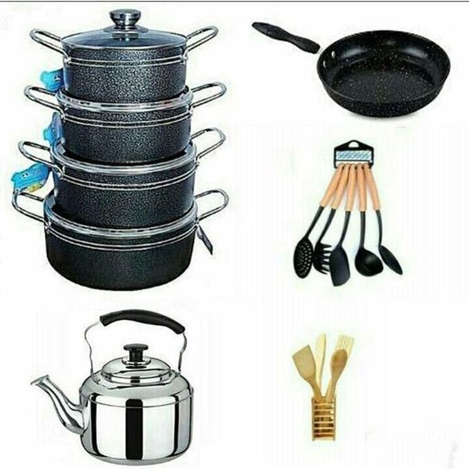Non Stick Pots, Frying Pan, Whistling Kettle, Non Stick Spoons & Wooden Spoon Set
