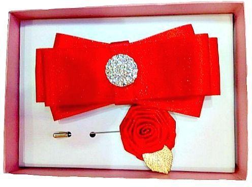 Trendy Bow Tie With Cool Brooch Lapel Pin- Red